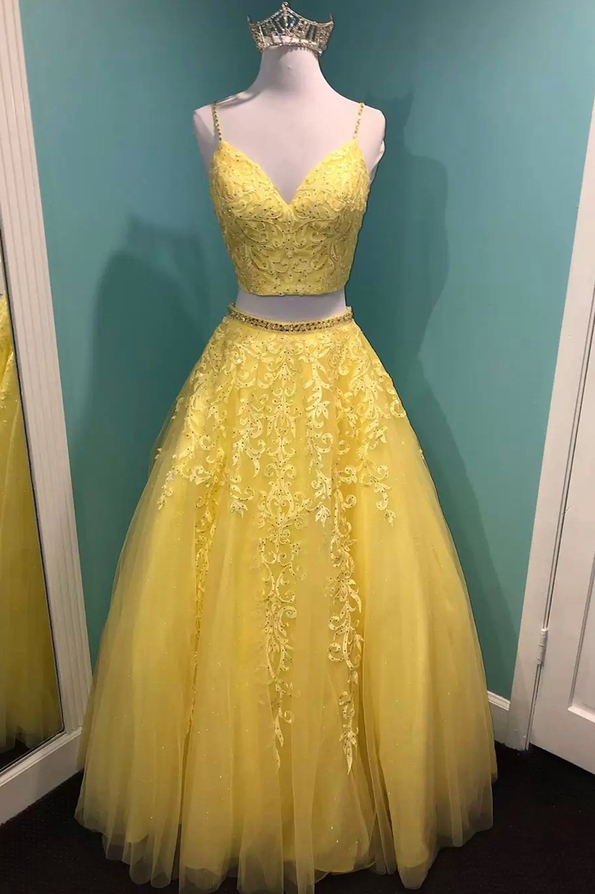 Yellow Lace Two Pieces Corset Prom Dress, A-Line Evening Party Dress Outfits, Party Dress Jeans