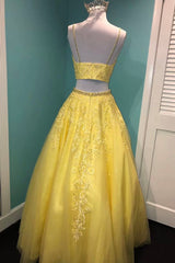 Yellow Lace Two Pieces Corset Prom Dress, A-Line Evening Party Dress Outfits, Party Dress For Baby