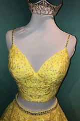 Yellow Lace Two Pieces Corset Prom Dress, A-Line Evening Party Dress Outfits, Black Dress Classy