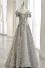 Grey Tulle Sequins Long A-Line Corset Prom Dresses, Off the Shoulder Evening Dresses outfit, Prom Dresses Black Girls