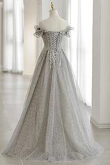 Grey Tulle Sequins Long A-Line Corset Prom Dresses, Off the Shoulder Evening Dresses outfit, Prom Dresses Gold