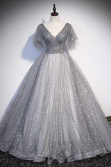 Grey V-Neck Tulle Long Corset Prom Dresses, A-Line Evening Dresses outfit, Prom Dresses Long Navy