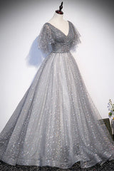 Grey V-Neck Tulle Long Corset Prom Dresses, A-Line Evening Dresses outfit, Prom Dresses Long Light Blue