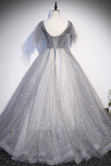 Grey V-Neck Tulle Long Corset Prom Dresses, A-Line Evening Dresses outfit, Prom Dresses Light Blue Long