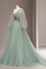 Green V-Neck Tulle Long Corset Prom Dress, Long Sleeve Evening Dress outfit, Prom Dress Light Blue