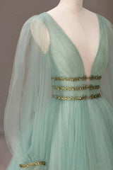 Green V-Neck Tulle Long Corset Prom Dress, Long Sleeve Evening Dress outfit, Prom Dress Country