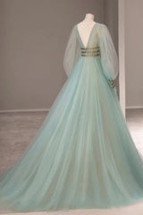 Green V-Neck Tulle Long Corset Prom Dress, Long Sleeve Evening Dress outfit, Prom Dress Champagne