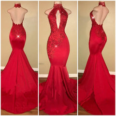 Sexy Mermaid Red High Neck Backless African Open Front Long Corset Prom Dresses outfit, Pretty Prom Dress