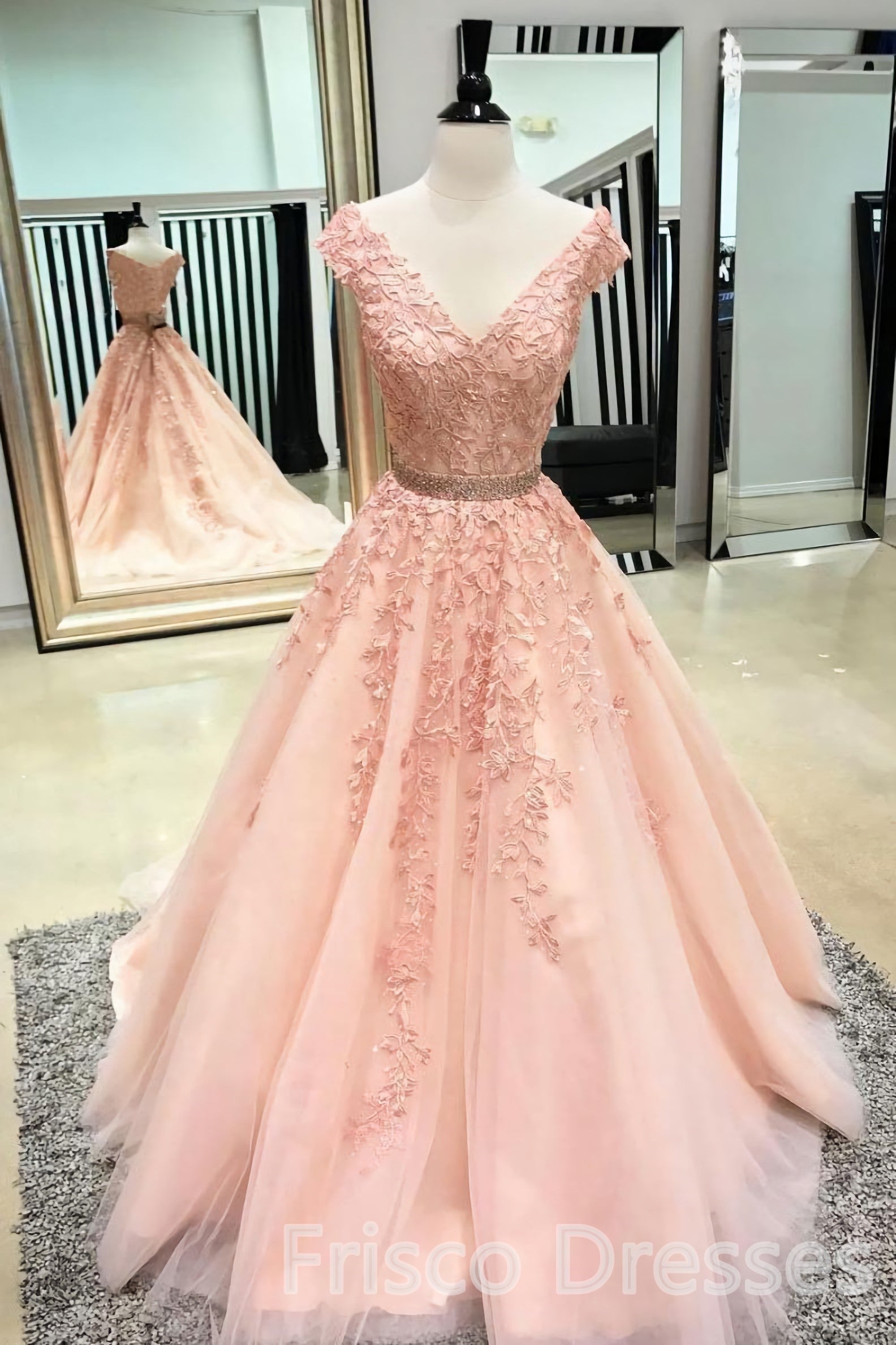 Pink Sleeveless V Neck Tulle Lace Applique Long Corset Prom Dresses outfit, Party Dresses Store