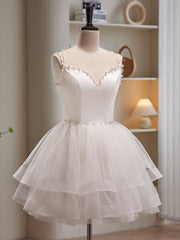 White Spaghetti Strap Tulle Short Corset Prom Dress, Cute A-Line Party Dress Outfits, Party Dress Dames