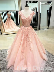 Pink Sleeveless V Neck Tulle Lace Applique Long Corset Prom Dresses outfit, Party Dresses Stores
