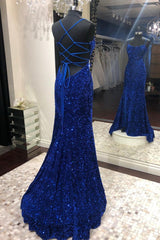 Mermaid Sequins Long Corset Prom Dresses, Blue Backless Evening Dresses outfit, Bridesmaid Dress Wedding