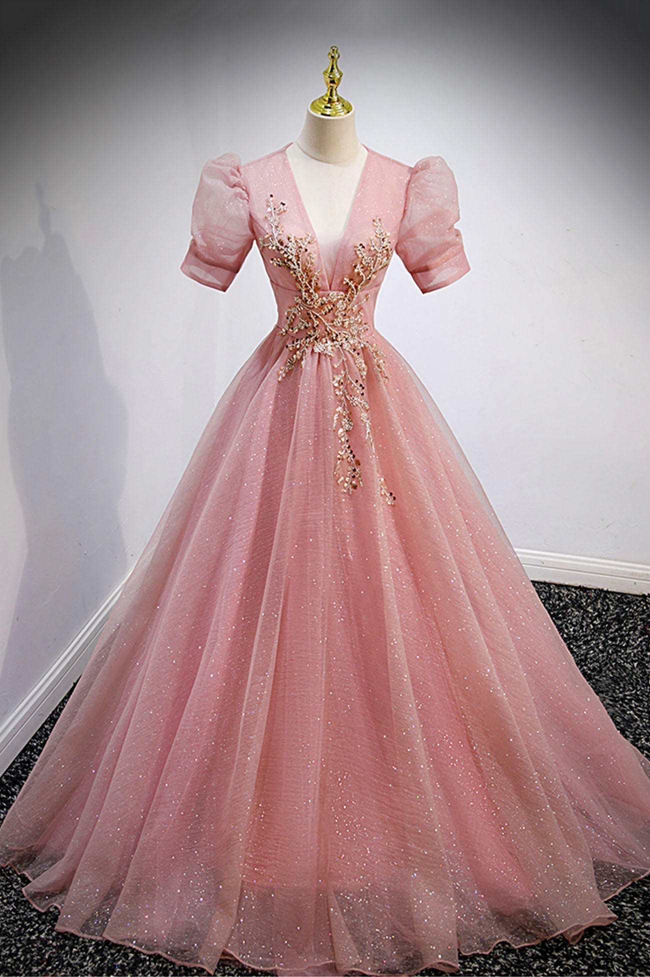 Pink V-Neck Tulle Long Corset Prom Dresses, A-Line Short Sleeve Evening Dresses outfit, Flower Girl Dress