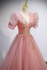 Pink V-Neck Tulle Long Corset Prom Dresses, A-Line Short Sleeve Evening Dresses outfit, Unique Wedding Ideas