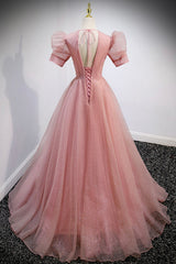 Pink V-Neck Tulle Long Corset Prom Dresses, A-Line Short Sleeve Evening Dresses outfit, Mother Of The Bride Dress