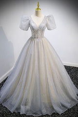 Grey V-Neck Tulle Beading Long Corset Prom Dresses, A-Line Evening Dresses outfit, Summer Dress