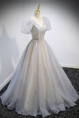 Grey V-Neck Tulle Beading Long Corset Prom Dresses, A-Line Evening Dresses outfit, Prom Dresses Two Piece