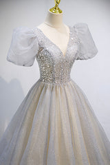 Grey V-Neck Tulle Beading Long Corset Prom Dresses, A-Line Evening Dresses outfit, Prom Dress Gold