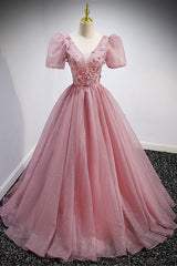 Pink V-Neck Tulle Long Corset Prom Dresses, A-Line Evening Party Dresses outfit, Groomsmen Attire