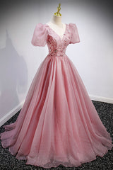 Pink V-Neck Tulle Long Corset Prom Dresses, A-Line Evening Party Dresses outfit, Bridesmaid Dresses Modest