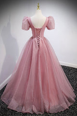 Pink V-Neck Tulle Long Corset Prom Dresses, A-Line Evening Party Dresses outfit, Country Wedding
