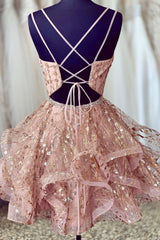 Pink V-Neck Tulle Short Corset Prom Dresses, A-Line Mini Party Dresses outfit, Bridesmaids Dresses Peach