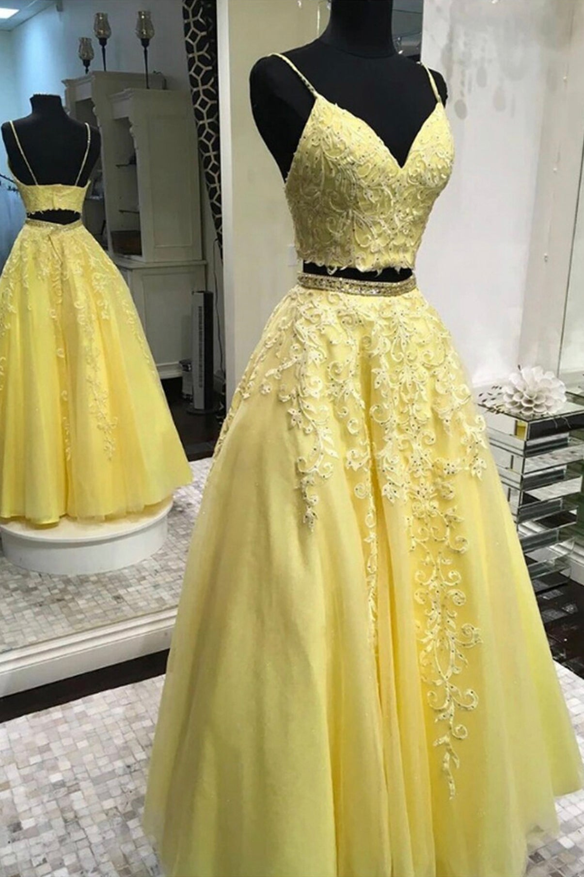 Yellow Lace Long Corset Prom Dresses, Two Pieces Evening Dresses outfit, Party Dress For Babies
