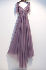 Purple Tulle Lace Long Corset Prom Dresses, A-Line Evening Party Dresses outfit, Mismatched Bridesmaid Dress