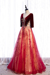 Burgundy Velvet Tulle Long Corset Prom Dresses, Burgundy 1/2 Sleeve Evening Dresses outfit, Evening Dresses Classy