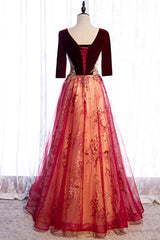 Burgundy Velvet Tulle Long Corset Prom Dresses, Burgundy 1/2 Sleeve Evening Dresses outfit, Evening Dresses 2042