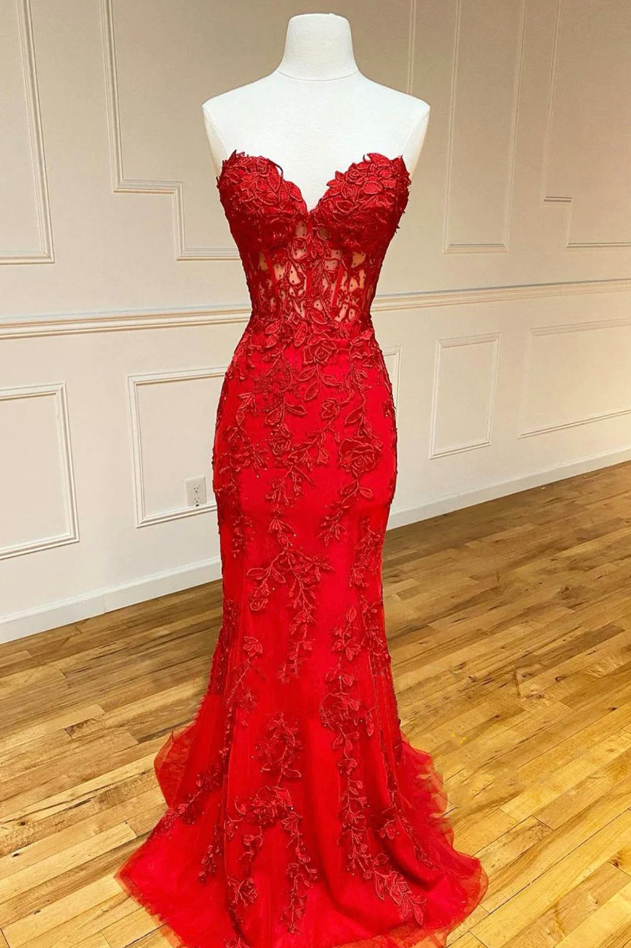 Red Strapless Lace Long Corset Prom Dress, Mermaid Evening Dress outfit, Party Dresses Styles