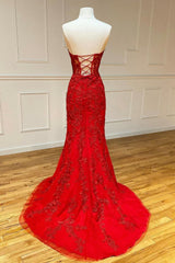 Red Strapless Lace Long Corset Prom Dress, Mermaid Evening Dress outfit, Party Dress Dress Up