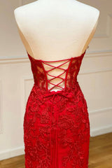 Red Strapless Lace Long Corset Prom Dress, Mermaid Evening Dress outfit, Party Dresses Store