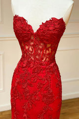 Red Strapless Lace Long Corset Prom Dress, Mermaid Evening Dress outfit, Party Dress Hair Style