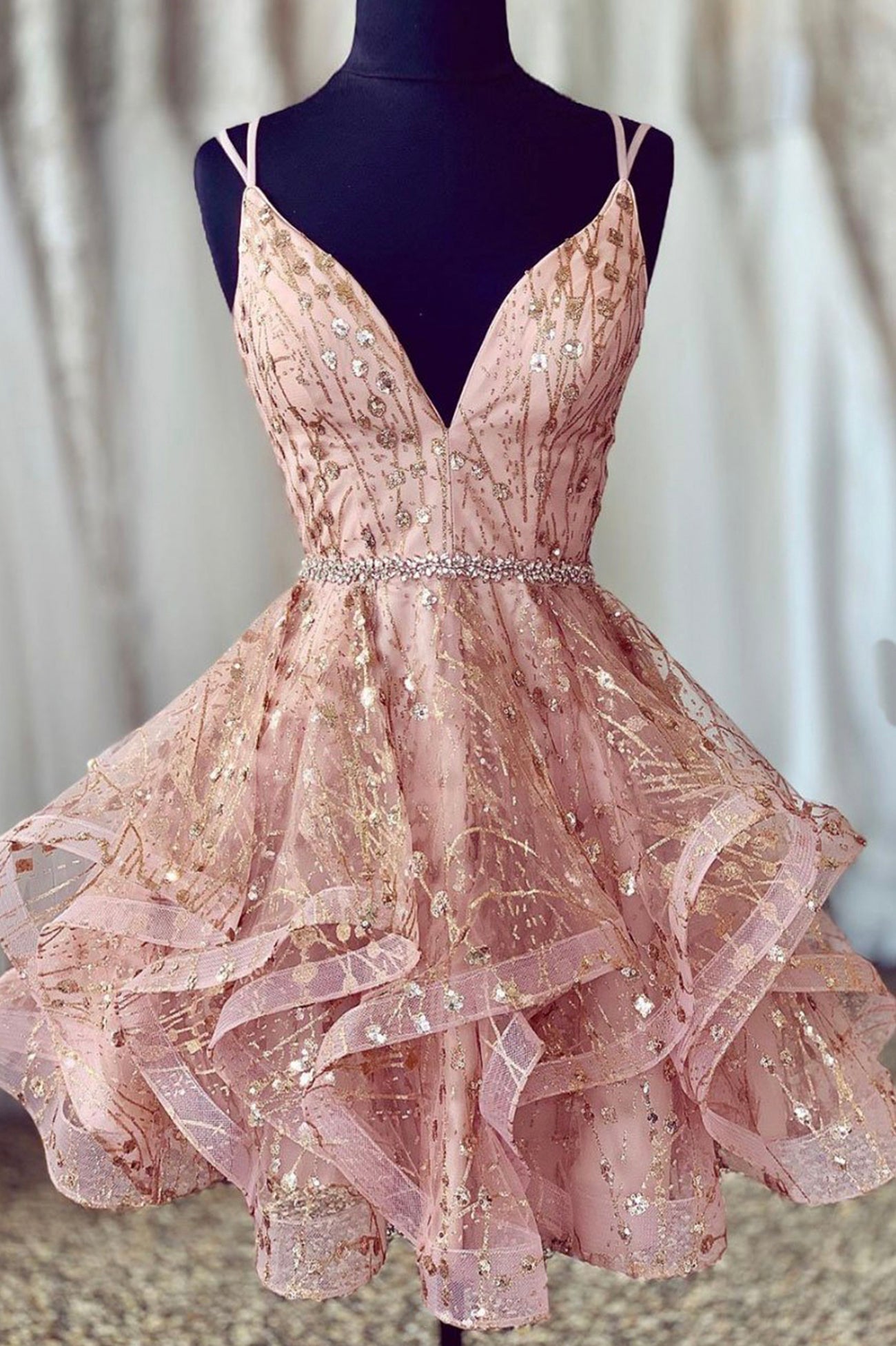 Pink V-Neck Tulle Short Corset Prom Dresses, A-Line Mini Party Dresses outfit, Bridesmaids Dress Peach