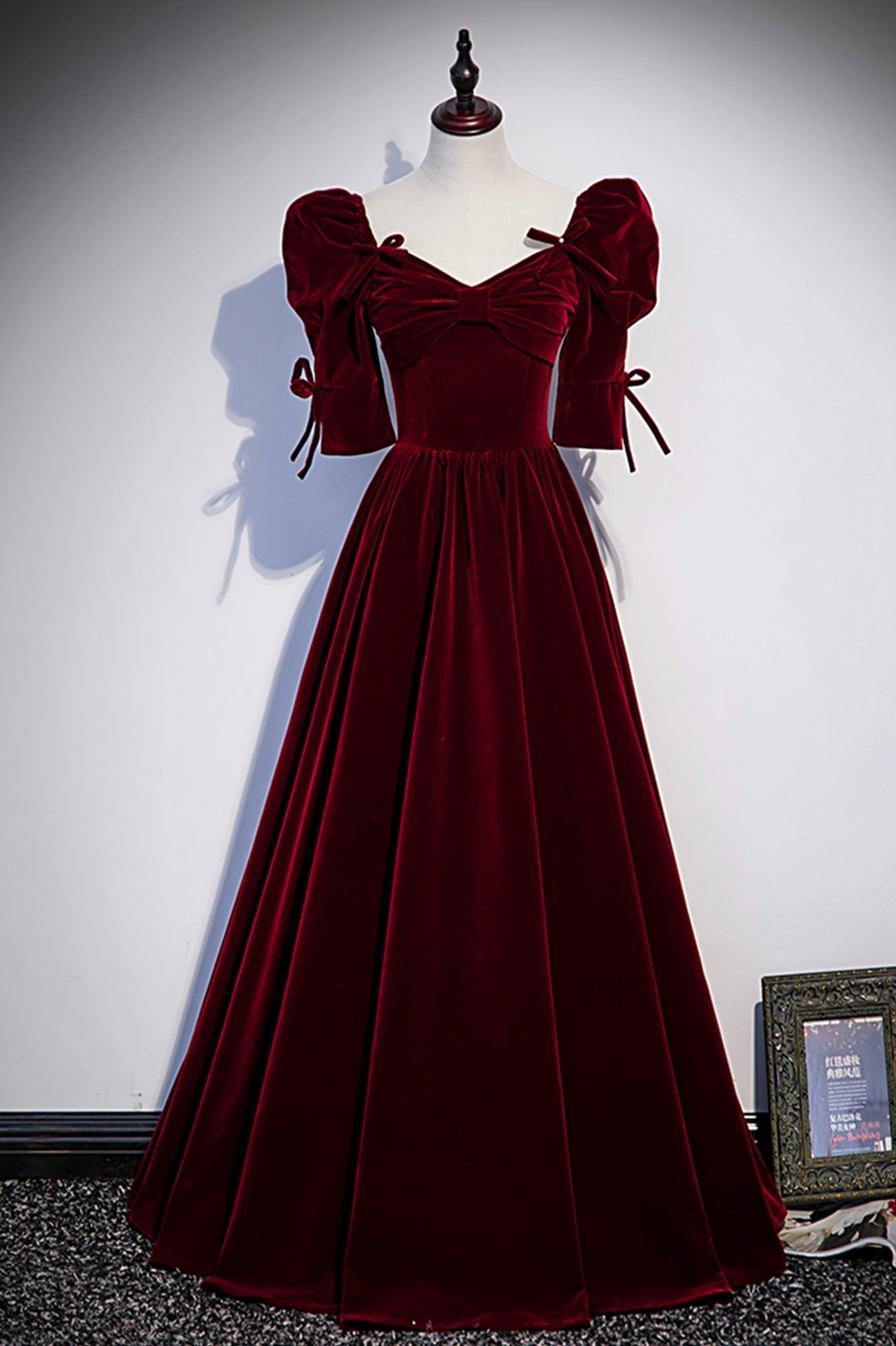 Burgundy Velvet Long Corset Prom Dresses, A-Line Short Sleeve Evening Dresses outfit, Flowy Prom Dress