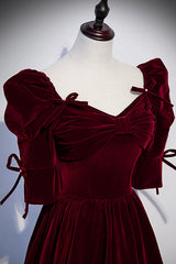 Burgundy Velvet Long Corset Prom Dresses, A-Line Short Sleeve Evening Dresses outfit, Dream Dress