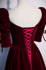 Burgundy Velvet Long Corset Prom Dresses, A-Line Short Sleeve Evening Dresses outfit, Elegant Dress For Women