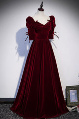 Burgundy Velvet Long Corset Prom Dresses, A-Line Short Sleeve Evening Dresses outfit, Long Dress Outfit