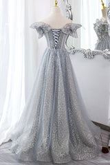Gray Tulle Lace Long Corset Prom Dresses, A-Line Sequins Evening Dresses outfit, Prom Dress Sites