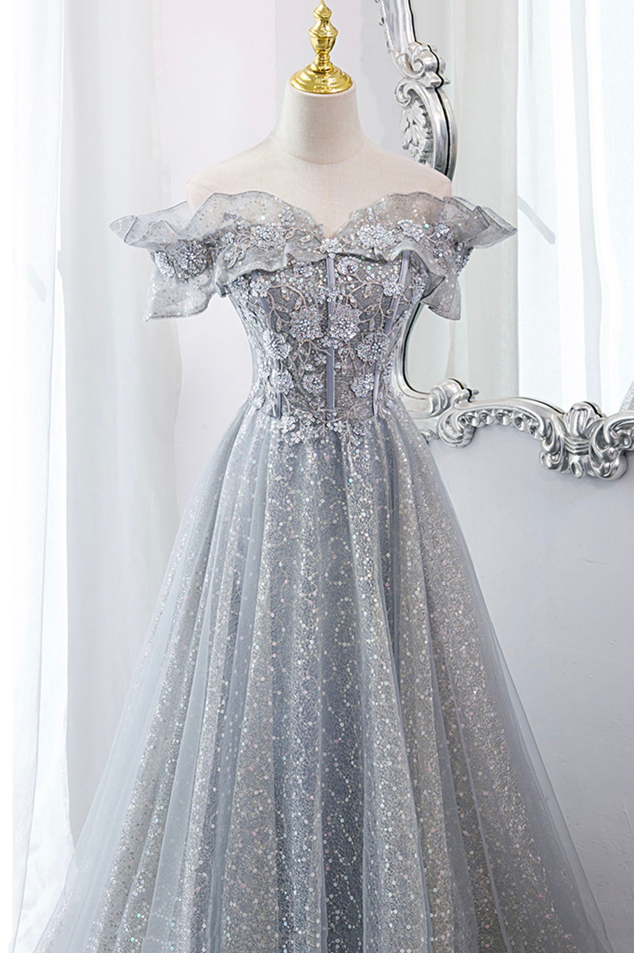 Gray Tulle Lace Long Corset Prom Dresses, A-Line Sequins Evening Dresses outfit, Prom Dresses Websites