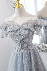 Gray Tulle Lace Long Corset Prom Dresses, A-Line Sequins Evening Dresses outfit, Prom Dress Websites