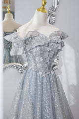 Gray Tulle Lace Long Corset Prom Dresses, A-Line Sequins Evening Dresses outfit, Prom Dresses Sites