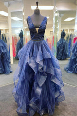 Blue Tulle Beading Long Corset Prom Dresses, A-Line Two Pieces Evening Dresses outfit, Party Dress Inspo