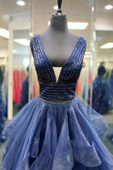 Blue Tulle Beading Long Corset Prom Dresses, A-Line Two Pieces Evening Dresses outfit, Party Dresses For 38 Year Olds