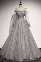 Gray Tulle Sequins Long Corset Prom Dress, Long Sleeve Evening Dress outfit, Prom Dress Boutique