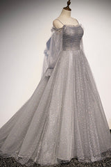 Gray Tulle Sequins Long Corset Prom Dress, Long Sleeve Evening Dress outfit, Prom Dresses Colorful