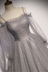 Gray Tulle Sequins Long Corset Prom Dress, Long Sleeve Evening Dress outfit, Prom Dress Colors