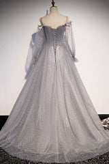 Gray Tulle Sequins Long Corset Prom Dress, Long Sleeve Evening Dress outfit, Prom Dress Color