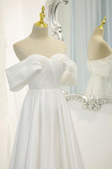 White Satin Long Corset Prom Dress, Off the Shoulder Evening Dress outfit, Party Dress For Christmas Party